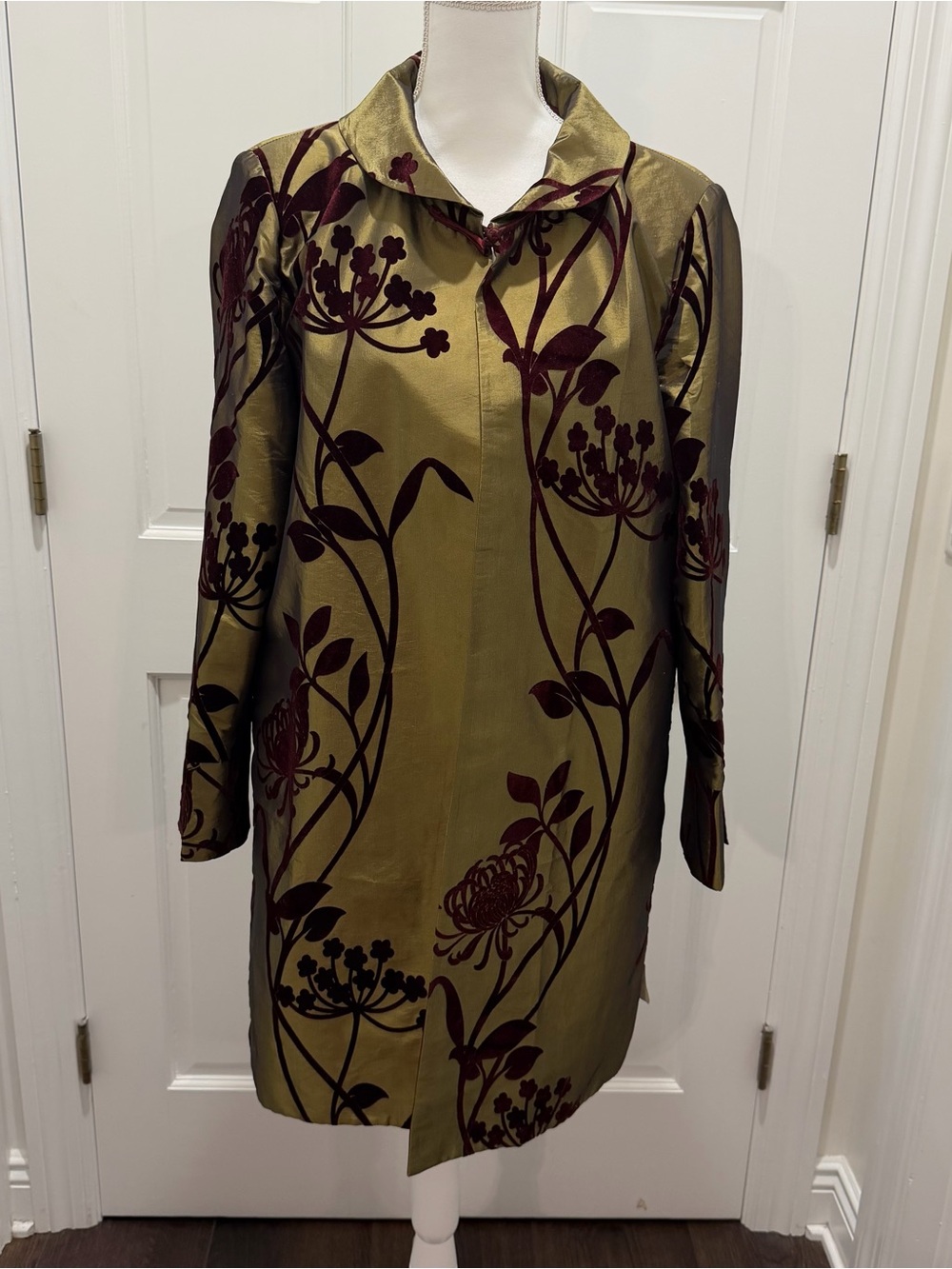 NWT Grace Chuang New York XXL Olive/ Burgundy Velvet Long Jacket Holiday Party